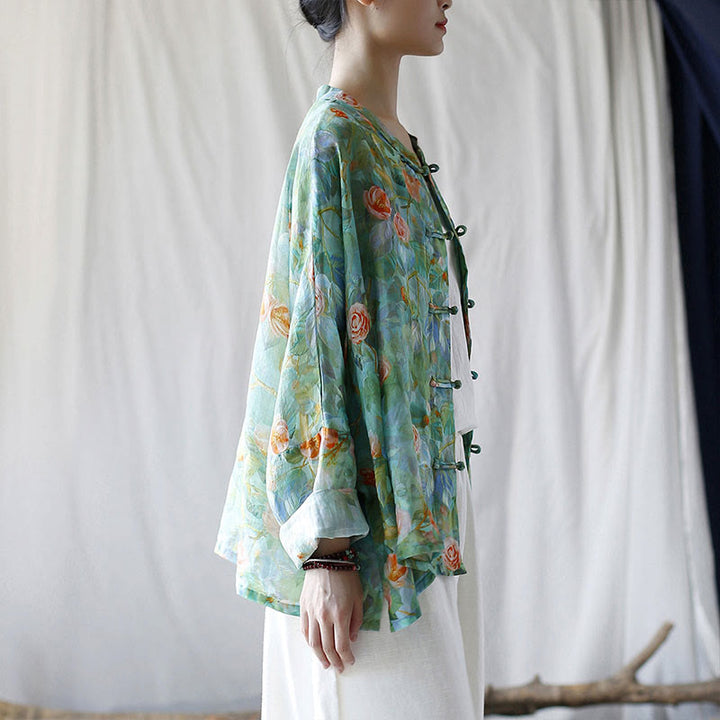 Buddha Stones Pink Flowers Green Leaves Print Frog-button Design Long Sleeve Ramie Linen Jacket Shirt - image 32