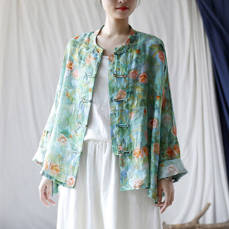 Buddha Stones Pink Flowers Green Leaves Print Frog-button Design Long Sleeve Ramie Linen Jacket Shirt - image 35
