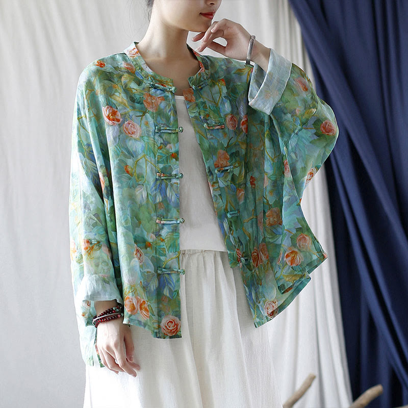 Buddha Stones Pink Flowers Green Leaves Print Frog-button Design Long Sleeve Ramie Linen Jacket Shirt