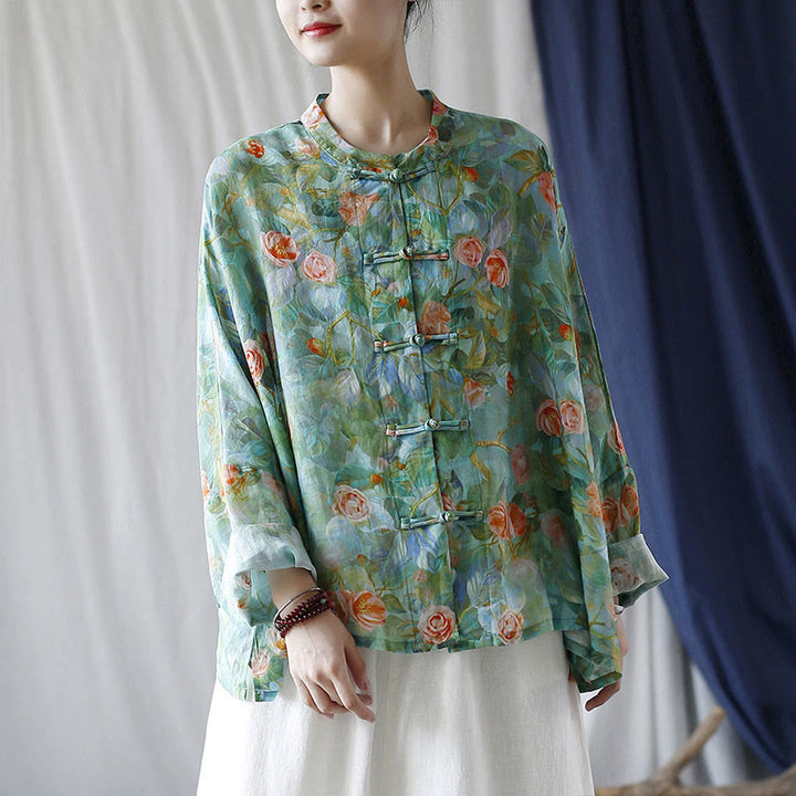 Buddha Stones Pink Flowers Green Leaves Print Frog-button Design Long Sleeve Ramie Linen Jacket Shirt