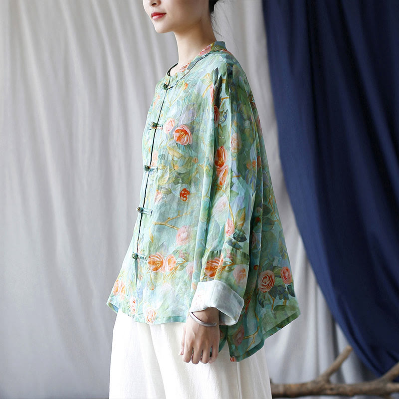 Buddha Stones Pink Flowers Green Leaves Print Frog-button Design Long Sleeve Ramie Linen Jacket Shirt - image 33