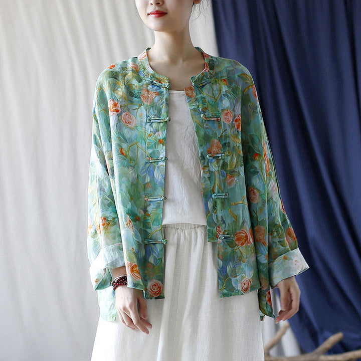 Buddha Stones Pink Flowers Green Leaves Print Frog-button Design Long Sleeve Ramie Linen Jacket Shirt - image 38