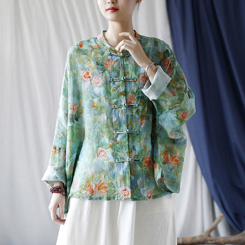 Buddha Stones Pink Flowers Green Leaves Print Frog-button Design Long Sleeve Ramie Linen Jacket Shirt - image 39
