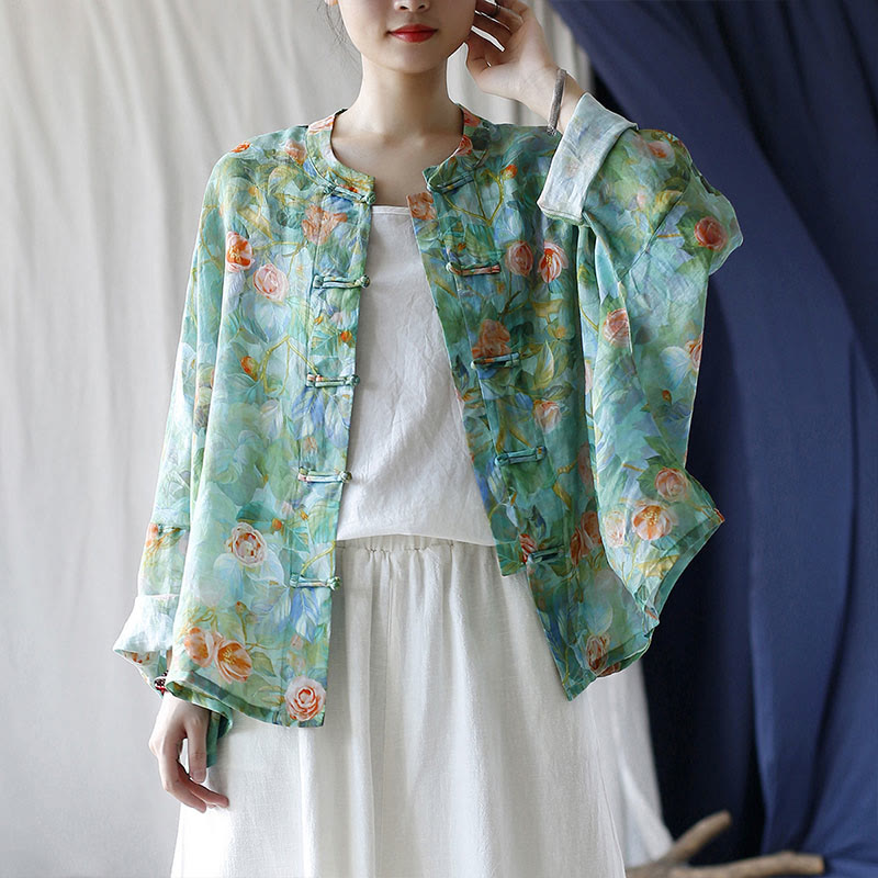 Buddha Stones Pink Flowers Green Leaves Print Frog-button Design Long Sleeve Ramie Linen Jacket Shirt - image 44
