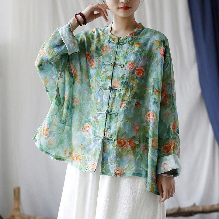 Buddha Stones Pink Flowers Green Leaves Print Frog-button Design Long Sleeve Ramie Linen Jacket Shirt