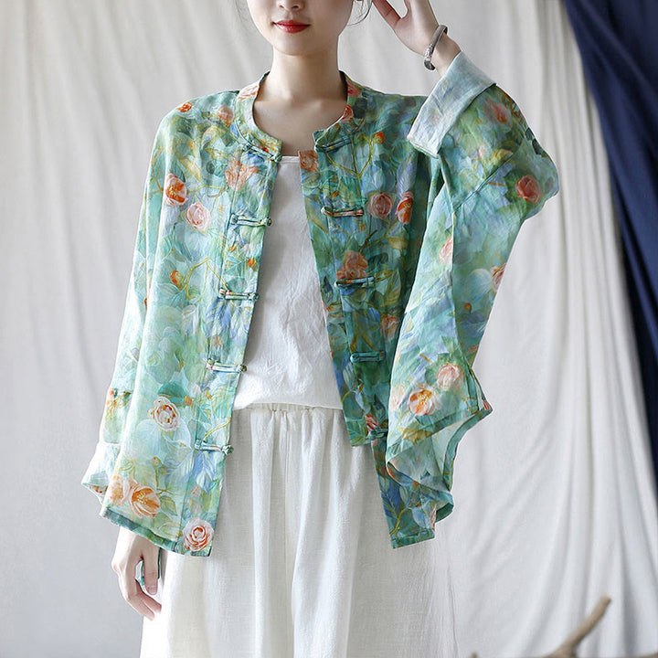 Buddha Stones Pink Flowers Green Leaves Print Frog-button Design Long Sleeve Ramie Linen Jacket Shirt - image 46