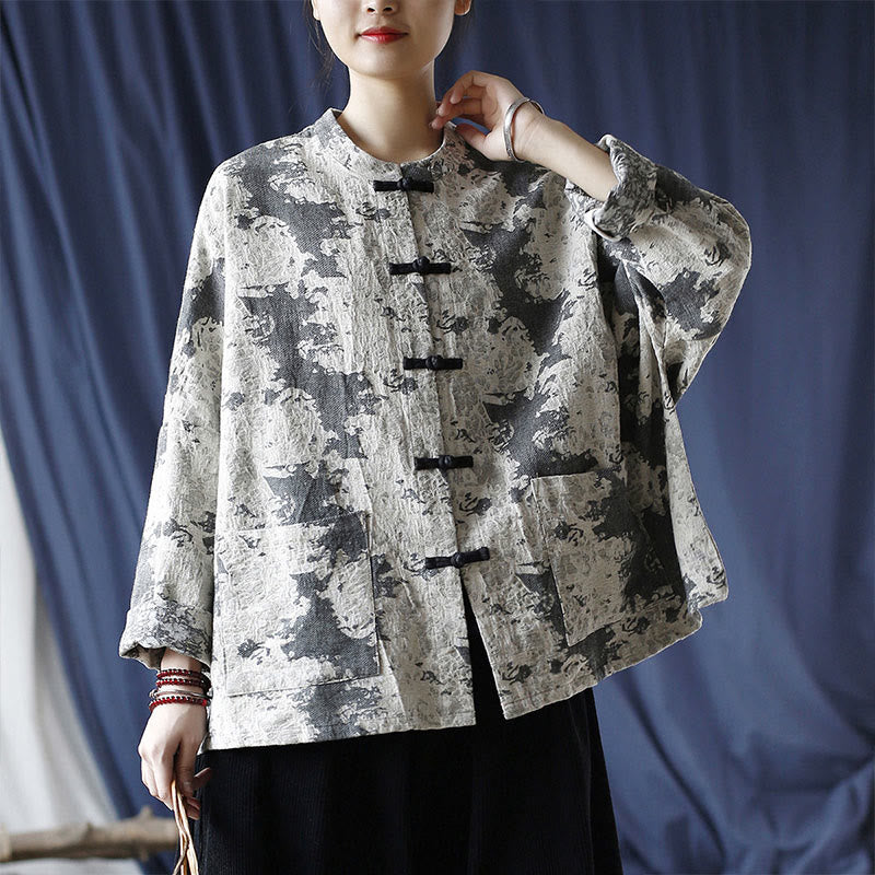 Buddha Stones Black Gray Print Frog-button Design Long Sleeve Cotton Linen Jacket Shirt With Pockets