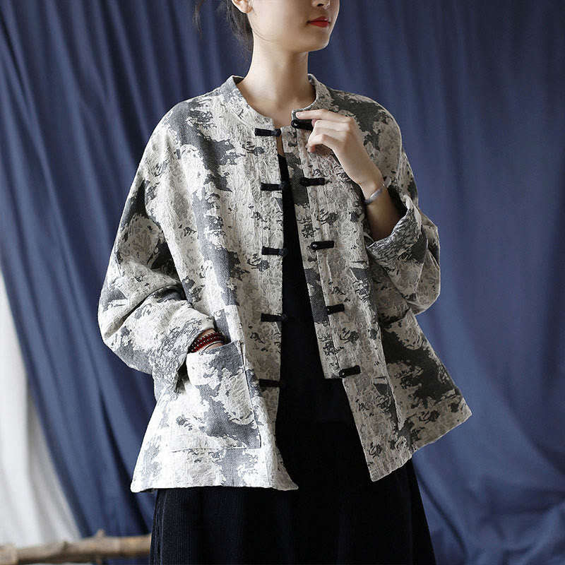 Buddha Stones Black Gray Print Frog-button Design Long Sleeve Cotton Linen Jacket Shirt With Pockets