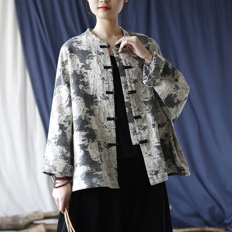 Buddha Stones Black Gray Print Frog-button Design Long Sleeve Cotton Linen Jacket Shirt With Pockets