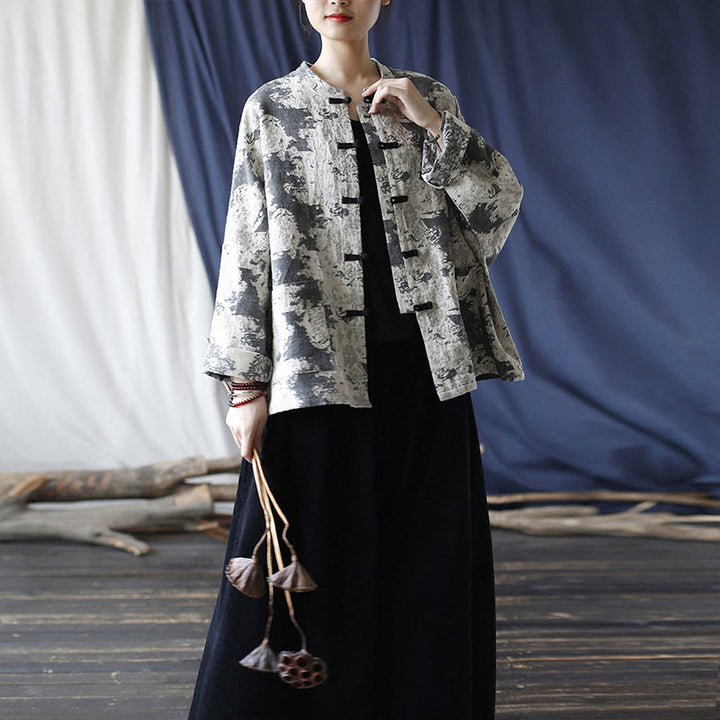 Buddha Stones Black Gray Print Frog-button Design Long Sleeve Cotton Linen Jacket Shirt With Pockets - image 30