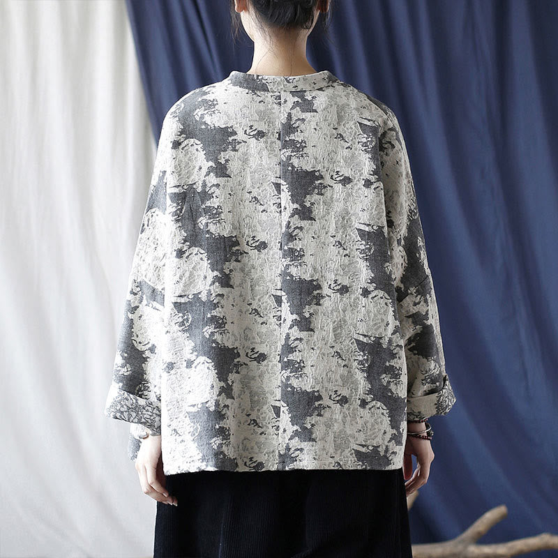 Buddha Stones Black Gray Print Frog-button Design Long Sleeve Cotton Linen Jacket Shirt With Pockets