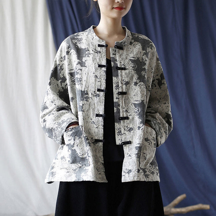Buddha Stones Black Gray Print Frog-button Design Long Sleeve Cotton Linen Jacket Shirt With Pockets - image 24