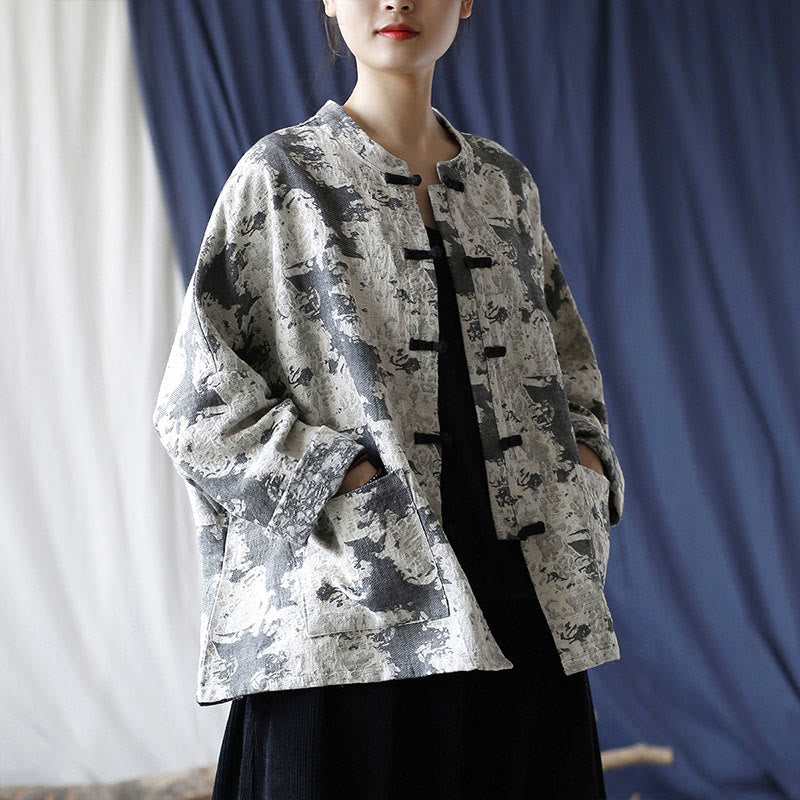 Buddha Stones Black Gray Print Frog-button Design Long Sleeve Cotton Linen Jacket Shirt With Pockets