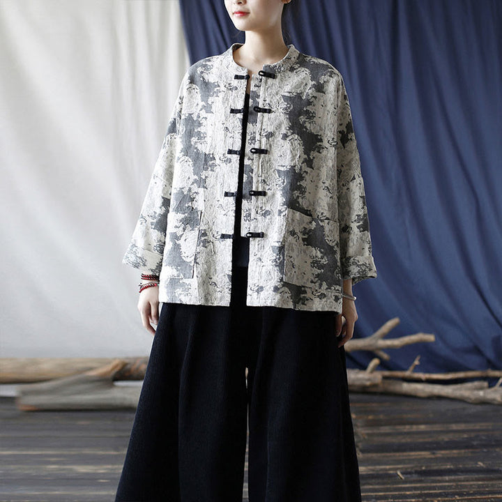 Buddha Stones Black Gray Print Frog-button Design Long Sleeve Cotton Linen Jacket Shirt With Pockets