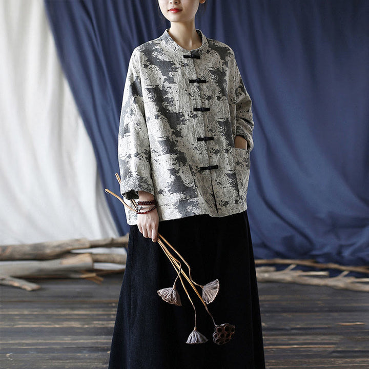 Buddha Stones Black Gray Print Frog-button Design Long Sleeve Cotton Linen Jacket Shirt With Pockets - image 35