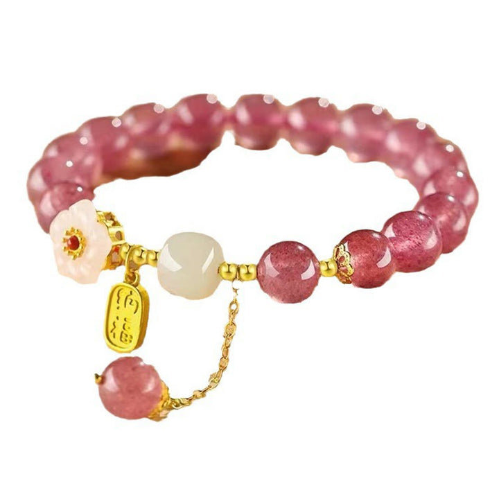 Buddha Stones Strawberry Quartz Fu Character Pink Crystal Healing Bracelet