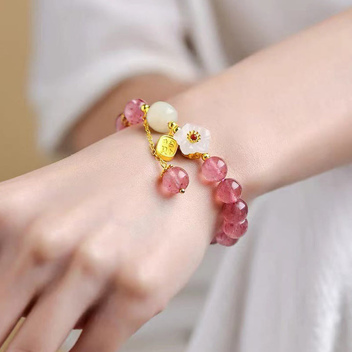 Buddha Stones Strawberry Quartz Fu Character Pink Crystal Healing Bracelet - image 2