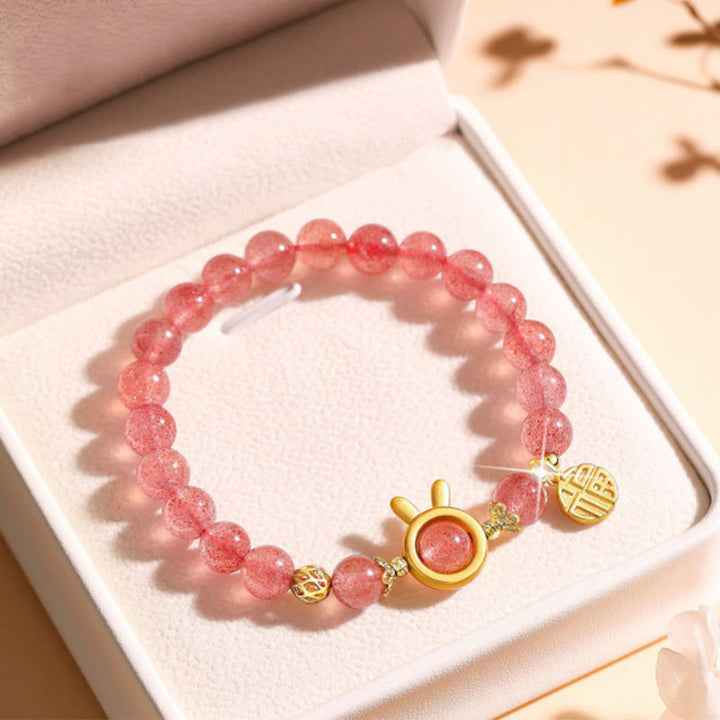 Buddha Stones Strawberry Quartz Fu Character Pink Crystal Healing Bracelet