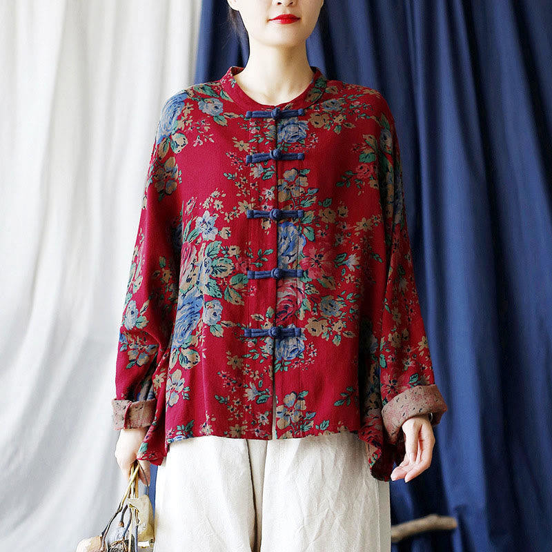 Buddha Stones Red Flowers Green Leaves Print Frog-button Design Long Sleeve Cotton Linen Jacket Shirt