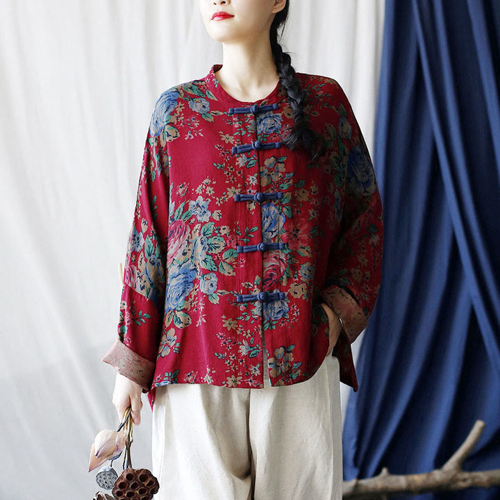 Buddha Stones Red Flowers Green Leaves Print Frog-button Design Long Sleeve Cotton Linen Jacket Shirt