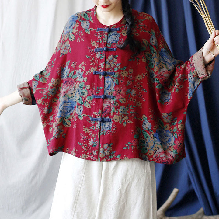 Buddha Stones Red Flowers Green Leaves Print Frog-button Design Long Sleeve Cotton Linen Jacket Shirt