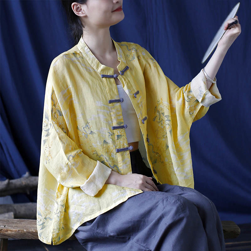 Buddha Stones Yellow Phoenix Print Frog-button Design Long Sleeve Ramie Linen Jacket Shirt