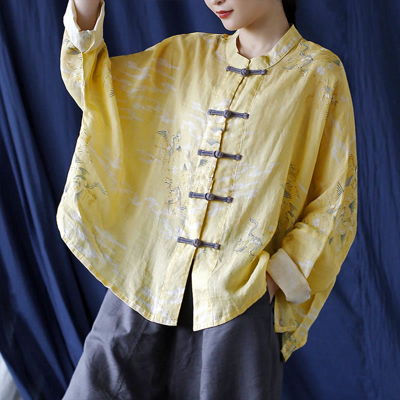 Buddha Stones Yellow Phoenix Print Frog-button Design Long Sleeve Ramie Linen Jacket Shirt