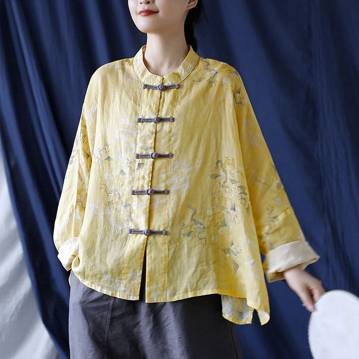 Buddha Stones Yellow Phoenix Print Frog-button Design Long Sleeve Ramie Linen Jacket Shirt