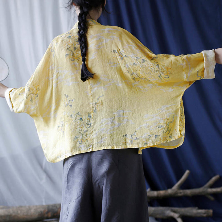 Buddha Stones Yellow Phoenix Print Frog-button Design Long Sleeve Ramie Linen Jacket Shirt - image 4