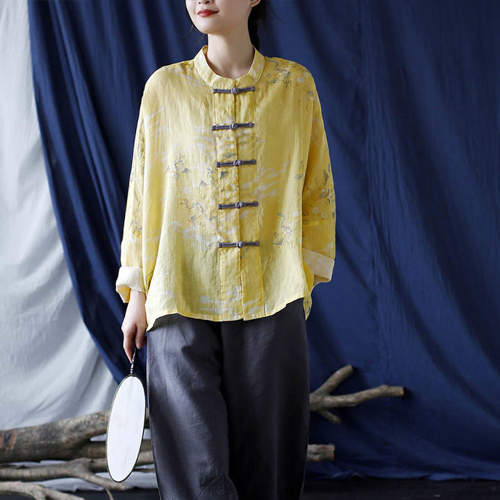 Buddha Stones Yellow Phoenix Print Frog-button Design Long Sleeve Ramie Linen Jacket Shirt