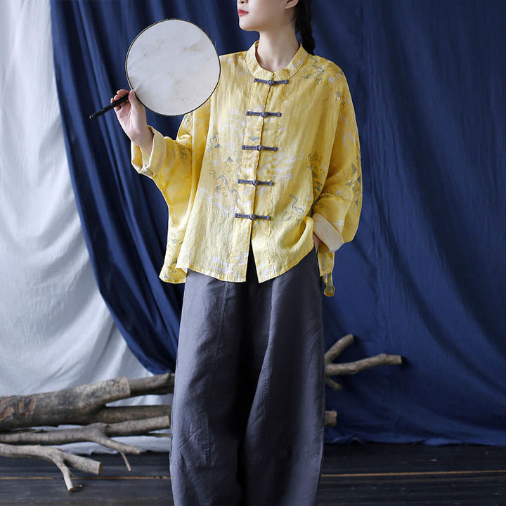 Buddha Stones Yellow Phoenix Print Frog-button Design Long Sleeve Ramie Linen Jacket Shirt - image 20