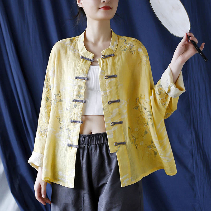 Buddha Stones Yellow Phoenix Print Frog-button Design Long Sleeve Ramie Linen Jacket Shirt - image 23