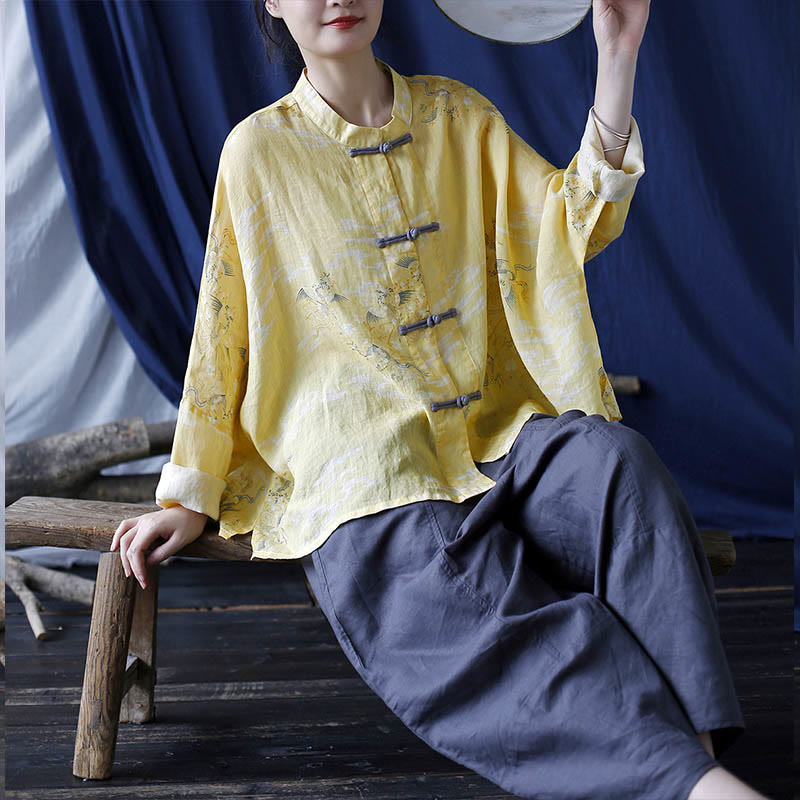 Buddha Stones Yellow Phoenix Print Frog-button Design Long Sleeve Ramie Linen Jacket Shirt - image 22