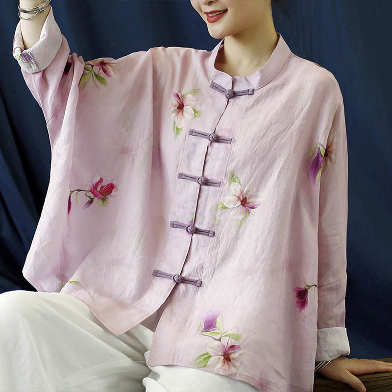 Buddha Stones Pink Flower Print Frog-button Design Batwing Long Sleeve Ramie Linen Jacket Shirt