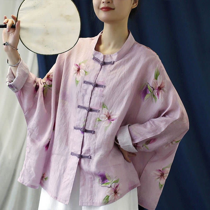 Buddha Stones Pink Flower Print Frog-button Design Batwing Long Sleeve Ramie Linen Jacket Shirt