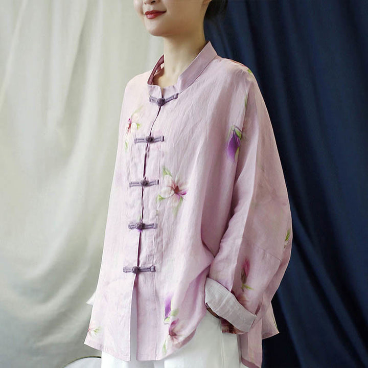 Buddha Stones Pink Flower Print Frog-button Design Batwing Long Sleeve Ramie Linen Jacket Shirt