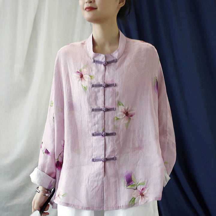 Buddha Stones Pink Flower Print Frog-button Design Batwing Long Sleeve Ramie Linen Jacket Shirt