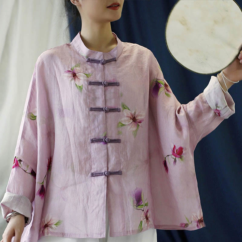 Buddha Stones Pink Flower Print Frog-button Design Batwing Long Sleeve Ramie Linen Jacket Shirt - image 8