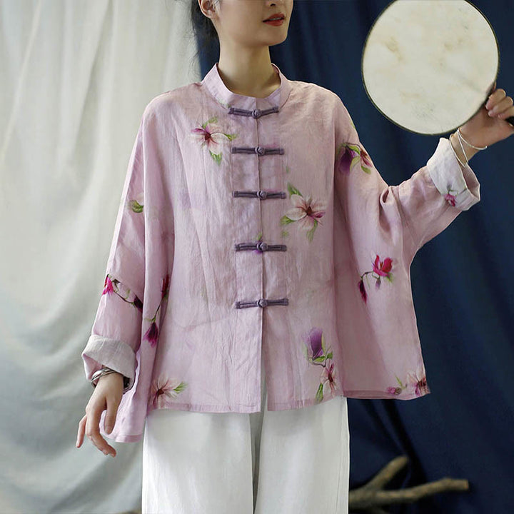 Buddha Stones Pink Flower Print Frog-button Design Batwing Long Sleeve Ramie Linen Jacket Shirt