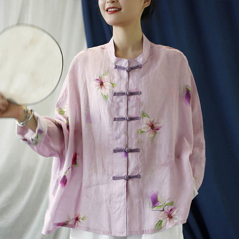 Buddha Stones Pink Flower Print Frog-button Design Batwing Long Sleeve Ramie Linen Jacket Shirt - image 10