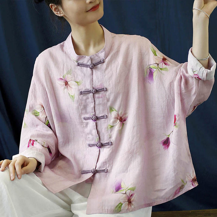 Buddha Stones Pink Flower Print Frog-button Design Batwing Long Sleeve Ramie Linen Jacket Shirt - image 11
