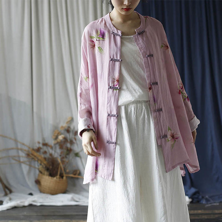 Buddha Stones Pink Flower Print Frog-button Design Batwing Long Sleeve Ramie Linen Jacket Shirt