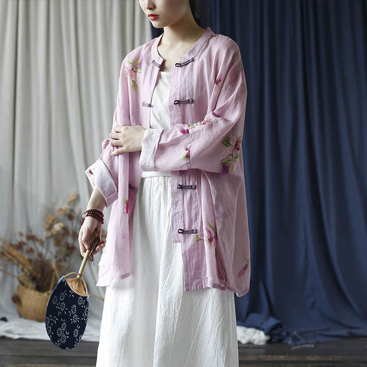 Buddha Stones Pink Flower Print Frog-button Design Batwing Long Sleeve Ramie Linen Jacket Shirt