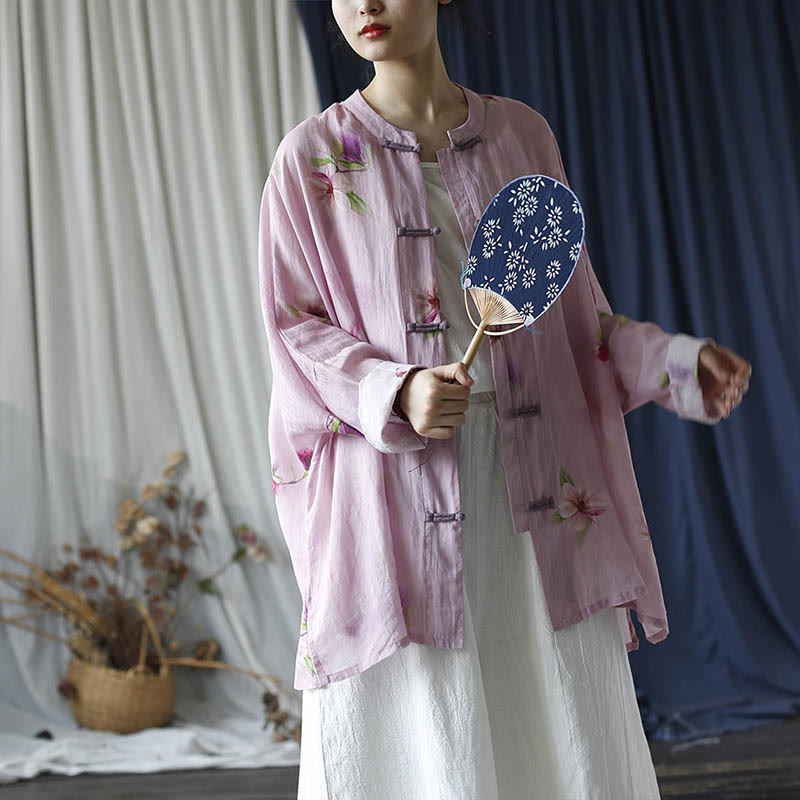 Buddha Stones Pink Flower Print Frog-button Design Batwing Long Sleeve Ramie Linen Jacket Shirt - image 25