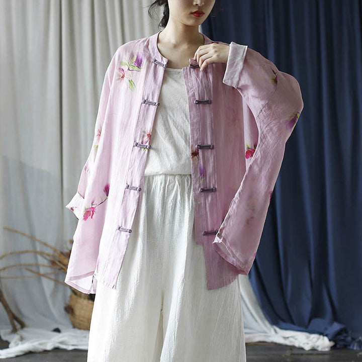 Buddha Stones Pink Flower Print Frog-button Design Batwing Long Sleeve Ramie Linen Jacket Shirt