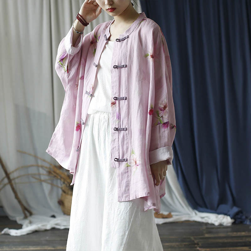 Buddha Stones Pink Flower Print Frog-button Design Batwing Long Sleeve Ramie Linen Jacket Shirt