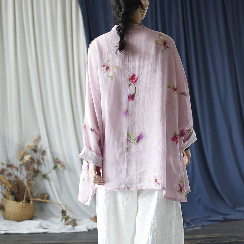 Buddha Stones Pink Flower Print Frog-button Design Batwing Long Sleeve Ramie Linen Jacket Shirt - image 19