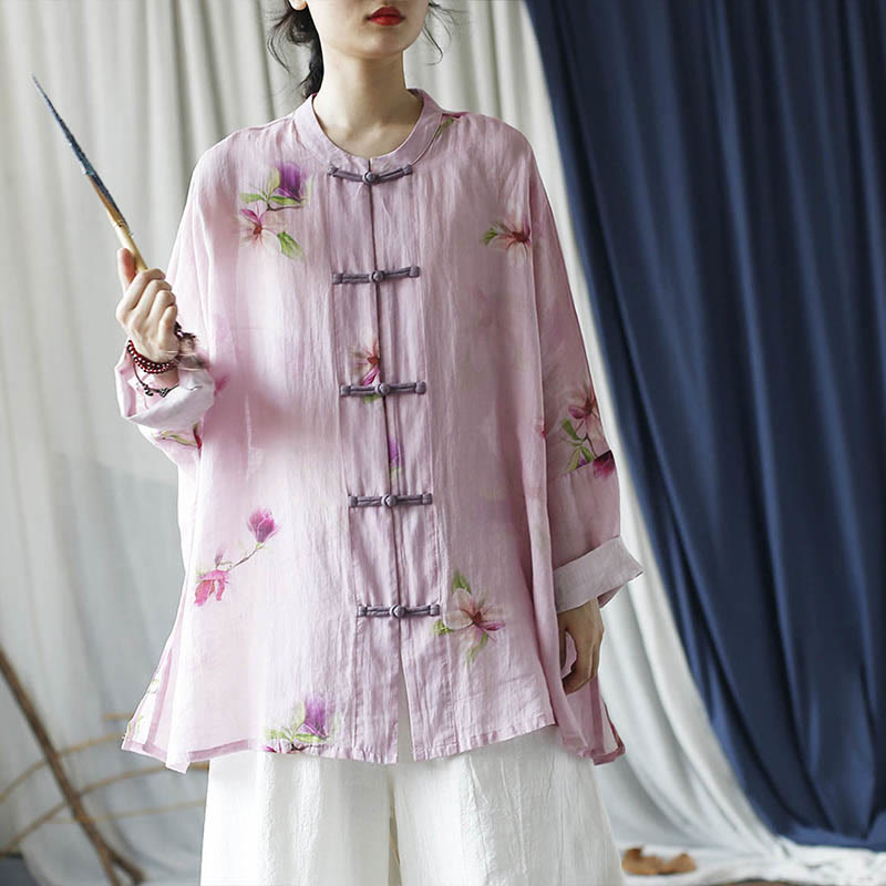 Buddha Stones Pink Flower Print Frog-button Design Batwing Long Sleeve Ramie Linen Jacket Shirt