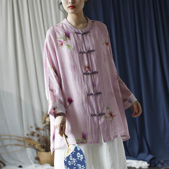 Buddha Stones Pink Flower Print Frog-button Design Batwing Long Sleeve Ramie Linen Jacket Shirt