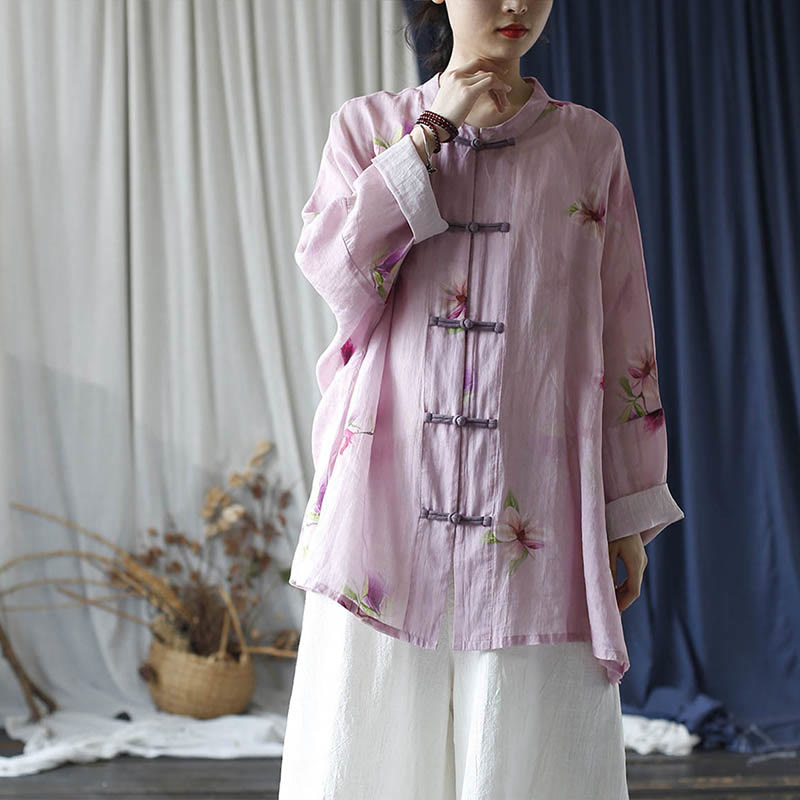 Buddha Stones Pink Flower Print Frog-button Design Batwing Long Sleeve Ramie Linen Jacket Shirt